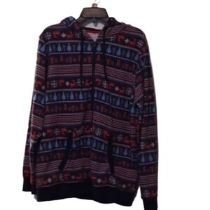 -- ADT Blue and Red Zip Up Mens Jacket with Festive Pattern Size Large